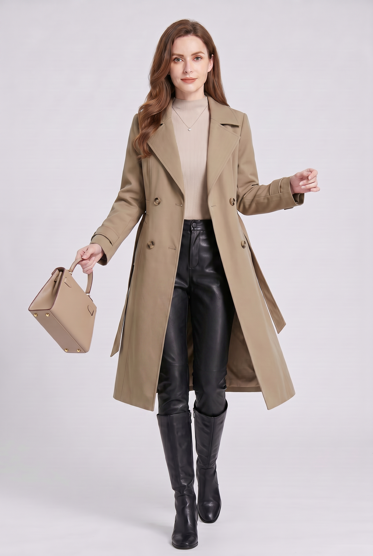 Classic Double-Breasted Trench Coat with Belted Back