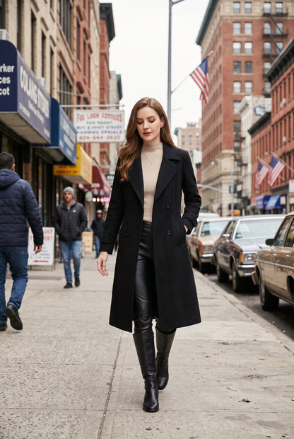 Classic Double-Breasted Trench Coat with Belted Back